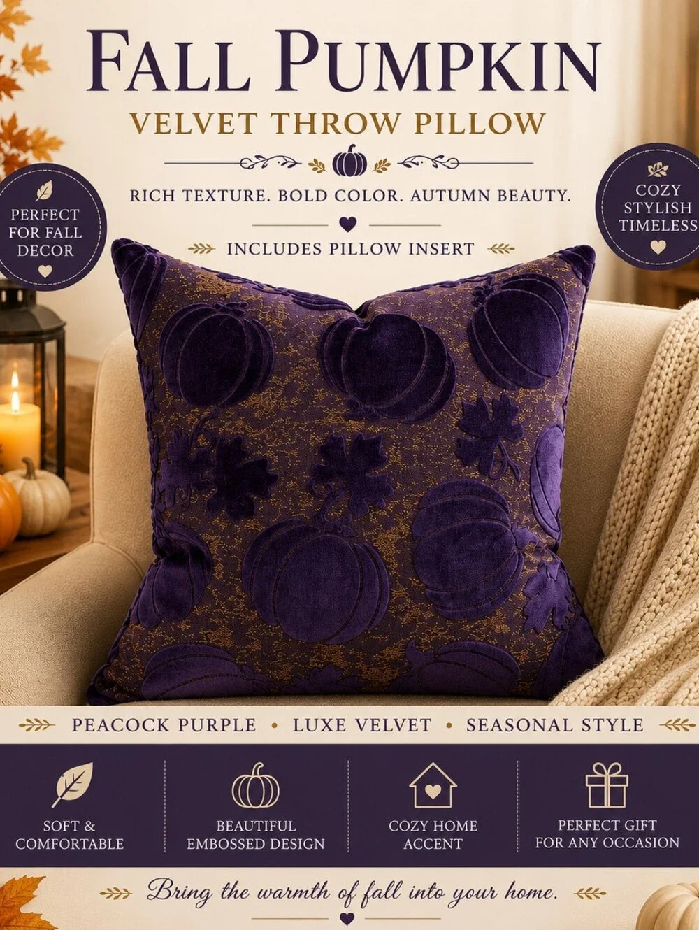 Fall Pumpkin Velvet Throw Pillow - Peacock Purple With Insert